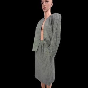 Vtg Secretary 2 Pc Skirt Suit Gray Black Textured Office Career Sz S Preppy USA
